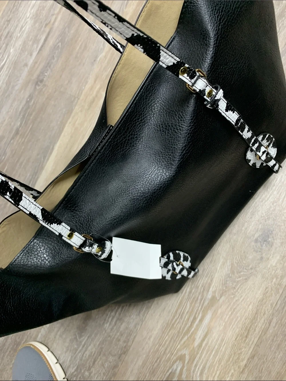Neiman Marcus Black Tote with White Patterned Straps